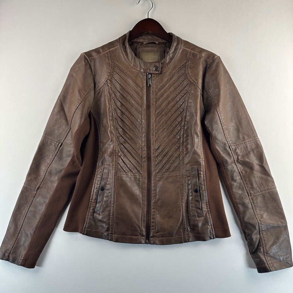 Maurices Faux Leather Moto Jacket M Brown Pleated Ribbed Knit Biker Edgy Chic